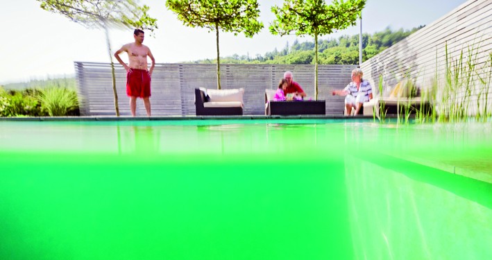 Schwimmteich mit klarem Wasser und biologischer Filterung